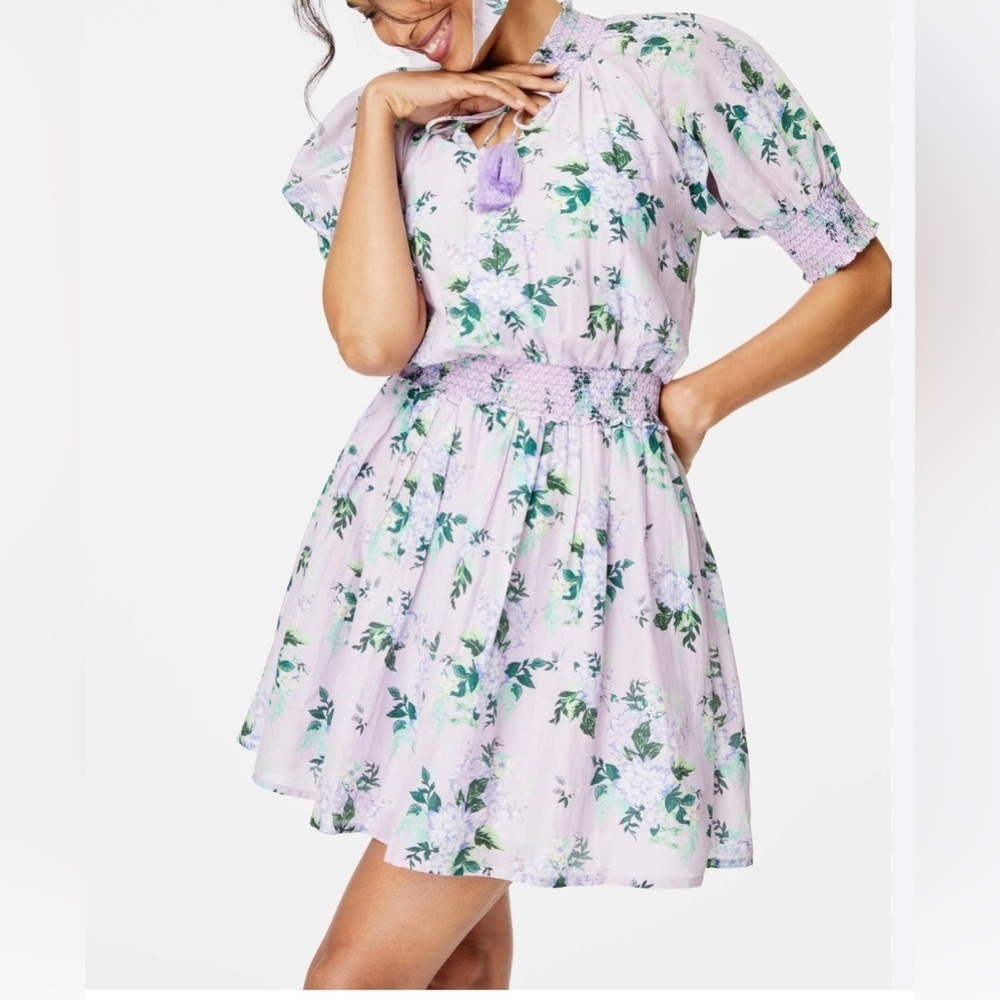 Roller Rabbit Twilight Dahlia Fiorella Purple Floral Silk Cotton Mini Dress